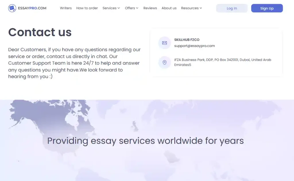 Contact EssayPro — 24/7 Support Info Listed on EssayRating EssayPro contact page with support email and global essay service message on EssayRating