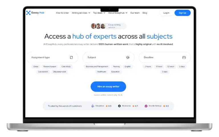 EssayHub homepage showing essay ordering form and expert subjects