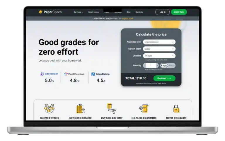 PaperCoach homepage screenshot highlighting essay pricing calculator and academic services