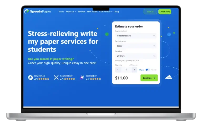 SpeedyPaper homepage screenshot showing essay writing services and instant order calculator