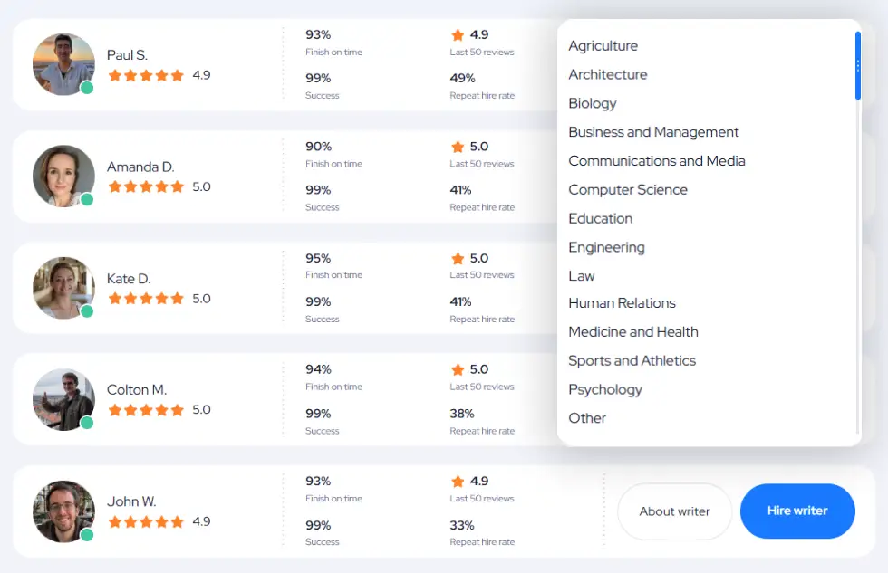 EssayHub Writers – Profiles, Ratings, and Subject Choice | EssayRating List of EssayHub writers with ratings and subject selection menu, featured in EssayRating review
