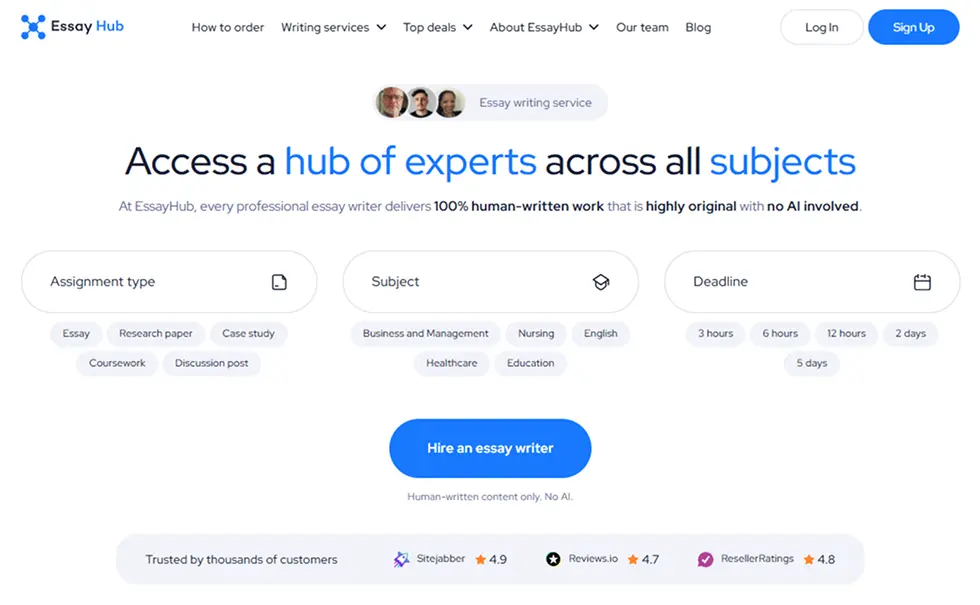 EssayHub Review – Main Page and Order Process | EssayRating EssayHub main page showing assignment selection and order process, as featured on EssayRating