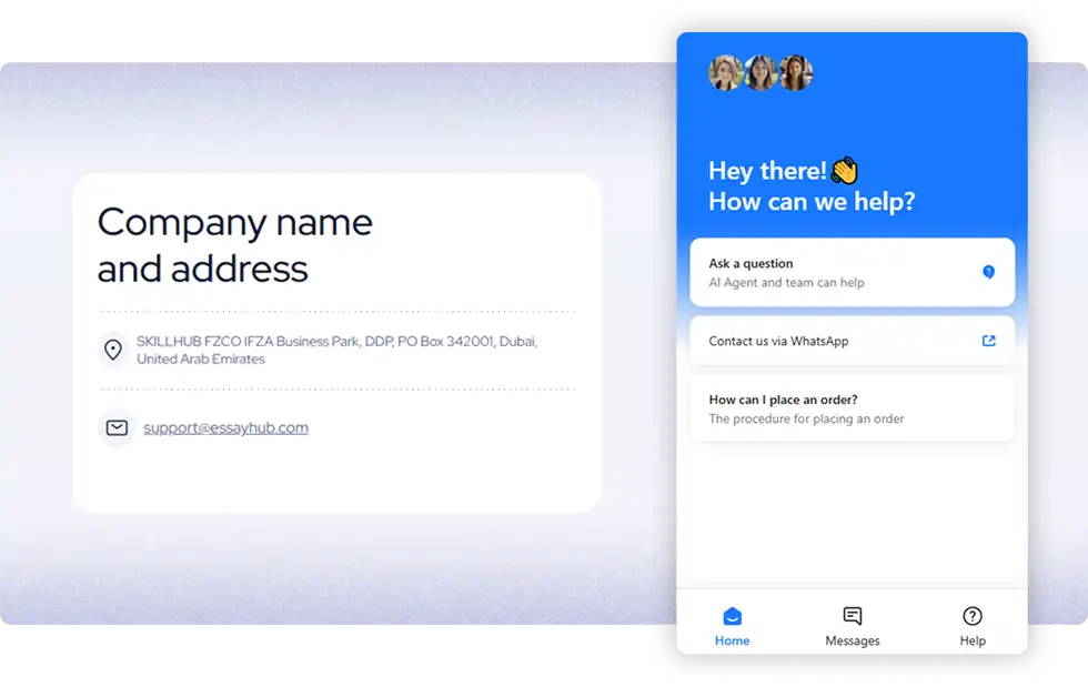 EssayHub Support and Contact Options | EssayRating EssayHub support contact details and live chat interface, as reviewed by EssayRating