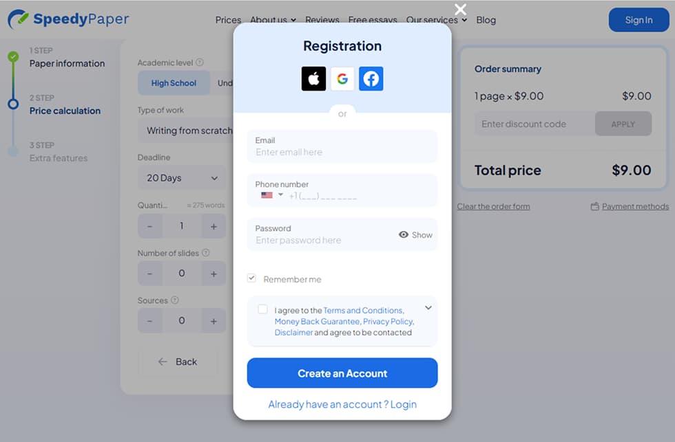 SpeedyPaper Registration & Order Process – Step-by-Step | EssayRating SpeedyPaper registration and order summary screen for new users, as reviewed by EssayRating