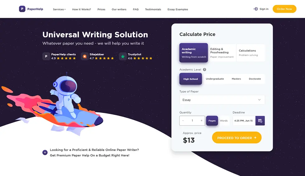 PaperHelp Review – Homepage, Price Calculator & Features | EssayRating PaperHelp homepage with order calculator and astronaut graphic, as featured in EssayRating review