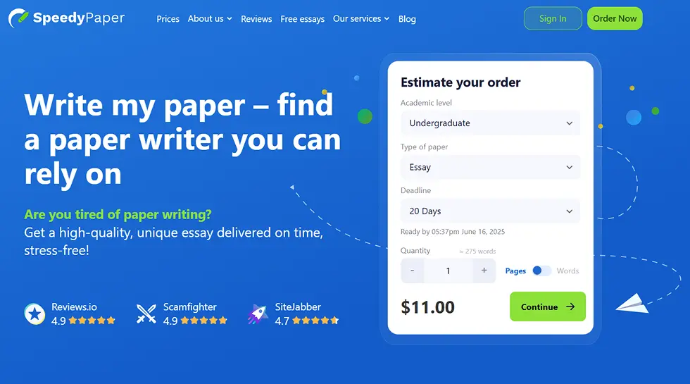SpeedyPaper Review – Homepage, Order Calculator & Service Ratings | EssayRating SpeedyPaper homepage with price calculator and service ratings, featured in EssayRating review