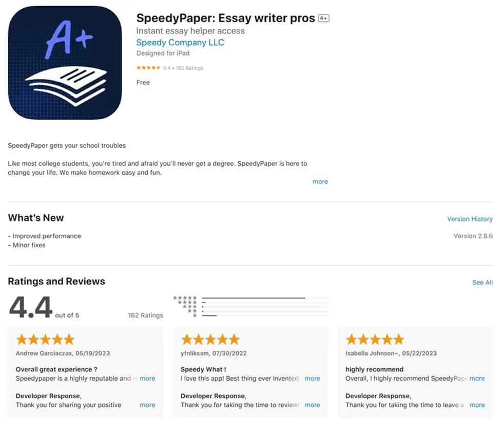 SpeedyPaper App Store Listing – Essay Writer Pros Ratings & Features | EssayRating SpeedyPaper Essay writer pros app store listing with logo, description, and user reviews, as featured in EssayRating review