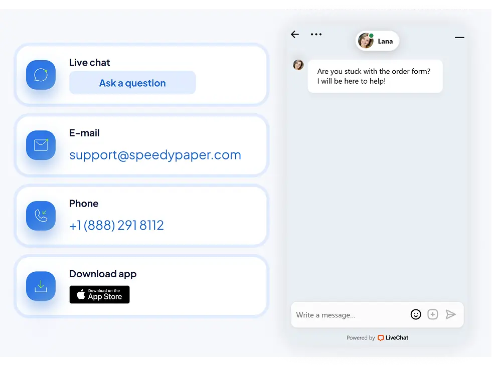 SpeedyPaper Support – Live Chat, Email & Phone Help | EssayRating SpeedyPaper support page with live chat, email, phone, and app download options, featured in EssayRating review