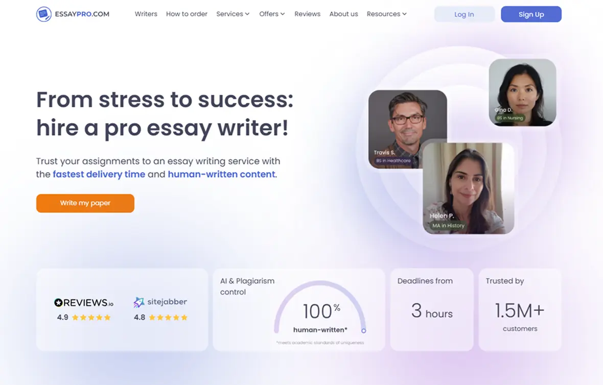 EssayPro Overview — Reviewed on EssayRating EssayPro homepage with writer profiles, reviews, and fast essay help features on EssayRating
