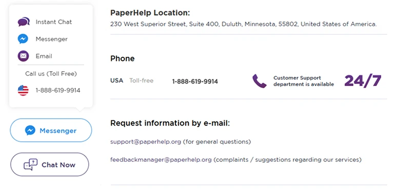 PaperHelp Contact Details & 24/7 Support | EssayRating PaperHelp contact information with phone, email, chat, and support options, featured in EssayRating review