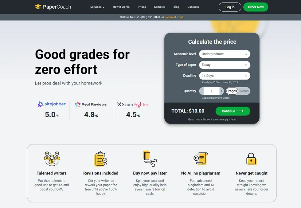 PaperCoach Review – Homepage, Pricing & Key Features | EssayRating PaperCoach homepage with price calculator, ratings, and service features, as reviewed by EssayRating