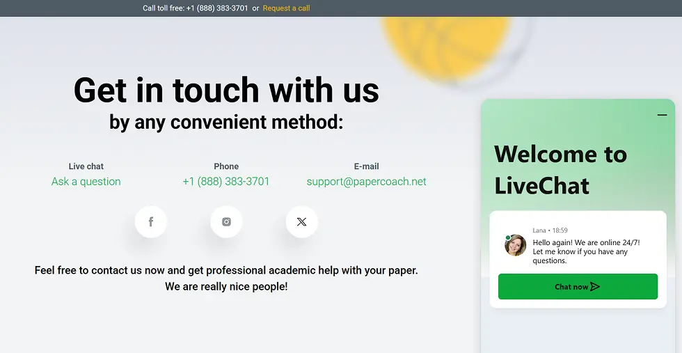 PaperCoach Support & Contact Information | EssayRating PaperCoach support and contact options page with live chat, phone, and email, as reviewed by EssayRating