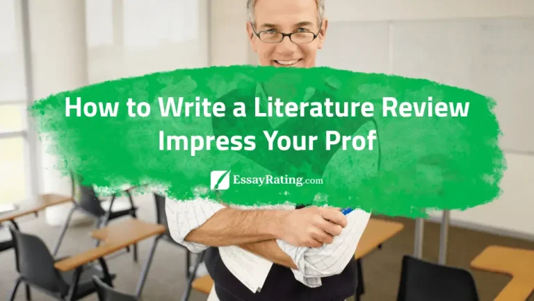 Smiling professor in classroom with green brushstroke banner reading “How to Write a Literature Review – Impress Your Prof”, featured on EssayRating
