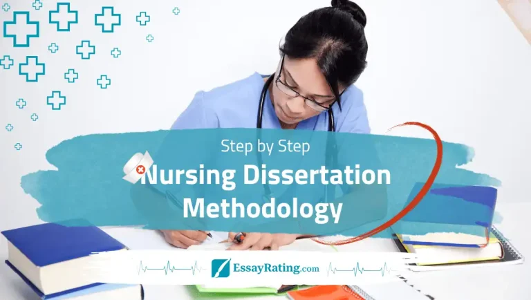 Nursing student writing dissertation methodology, surrounded by books, with step-by-step guide banner on EssayRating
