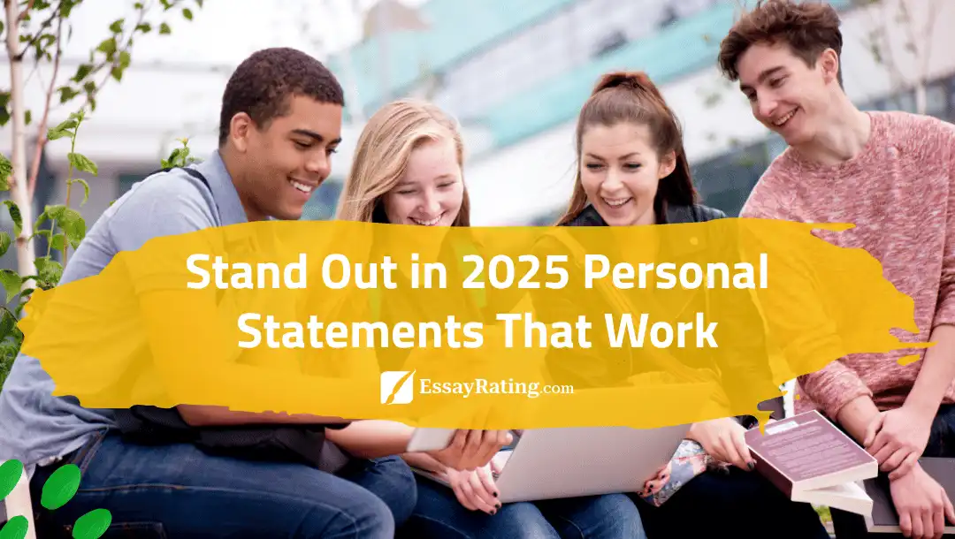 Diverse group of students smiling with books and laptop, yellow brushstroke banner “Stand Out in 2025 Personal Statements That Work” on EssayRating