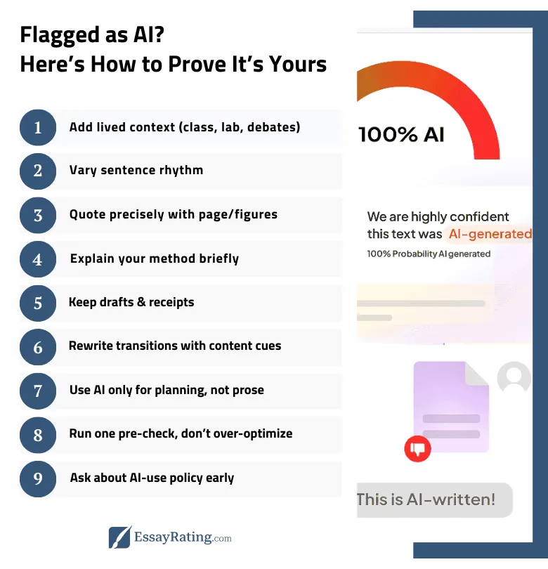 Flagged as AI? 9 Fixes That Prove Your Writing Is Yours | EssayRating Infographic: 9 fixes to prove your flagged text is human, not AI-generated