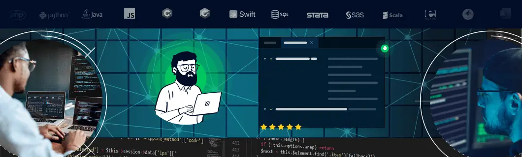 Student working on code with notes and laptop