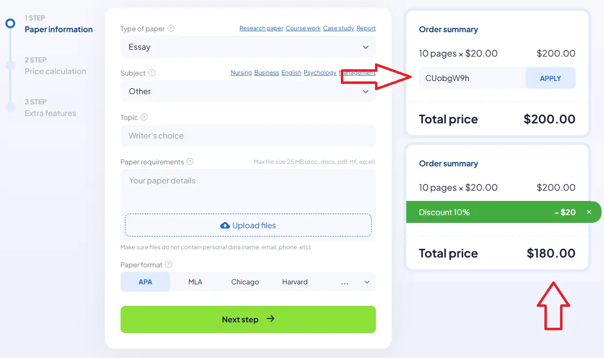 Applying SpeedyPaper coupon code at checkout with discount applied