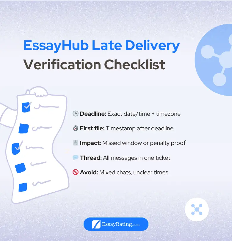 EssayHub late delivery verification checklist infographic 2025