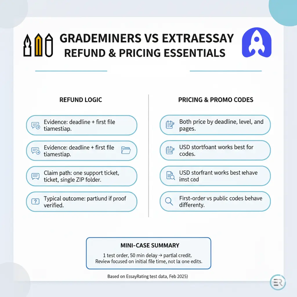 Grademiners vs ExtraEssay refund and pricing essentials — key refund logic and promo code insights
