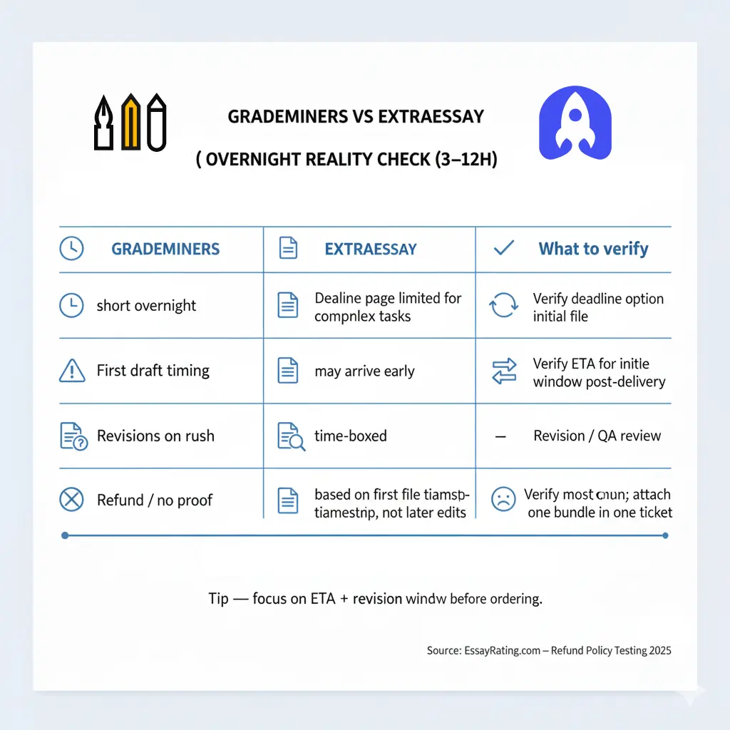 Grademiners vs ExtraEssay overnight comparison — 3 to 12-hour delivery and refund logic explained