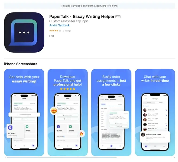 PaperTalk Essay Writing Helper App – Features & Screenshots | EssayRating PaperTalk essay writing helper app store page with screenshots and features, as reviewed by EssayRating