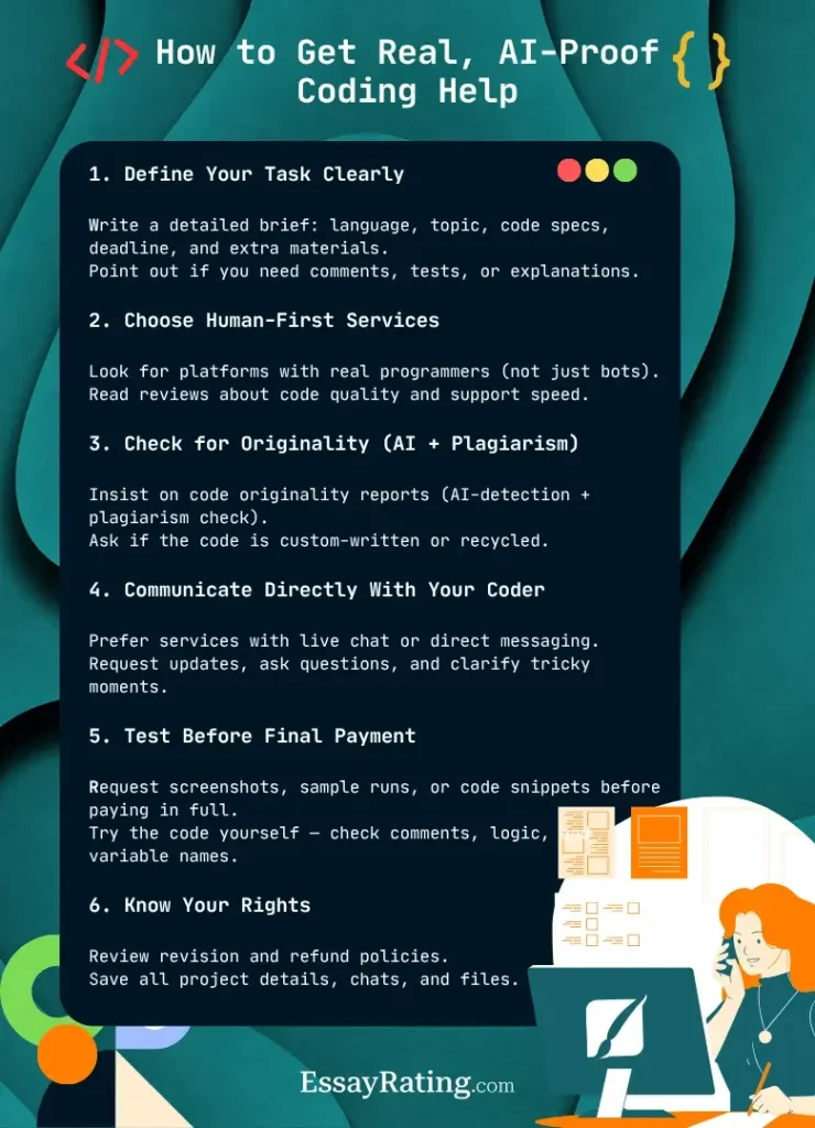 Infographic: Get Real, AI-Proof Coding Help (2025 Guide) How to order coding help and avoid AI-generated code — step-by-step infographic from EssayRating.