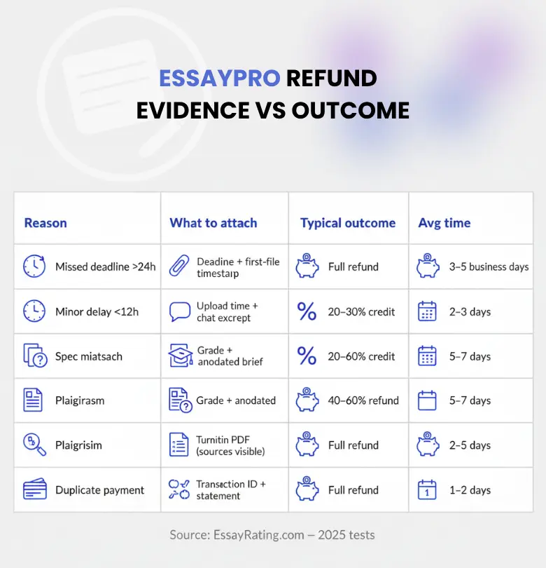 EssayPro refund evidence vs outcome infographic 2025