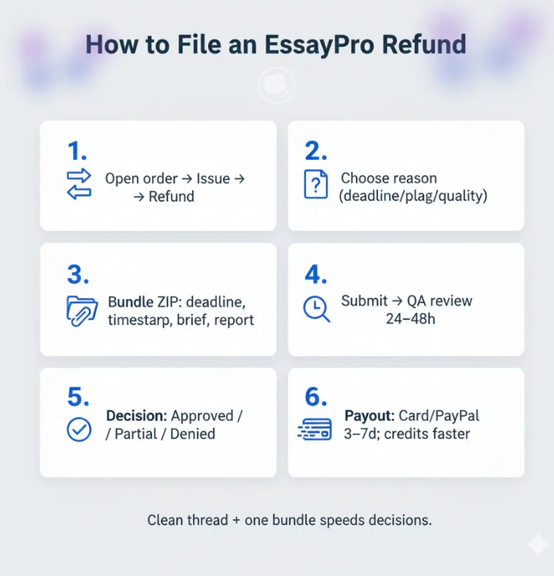 EssayPro refund process infographic — clean 6-step guide