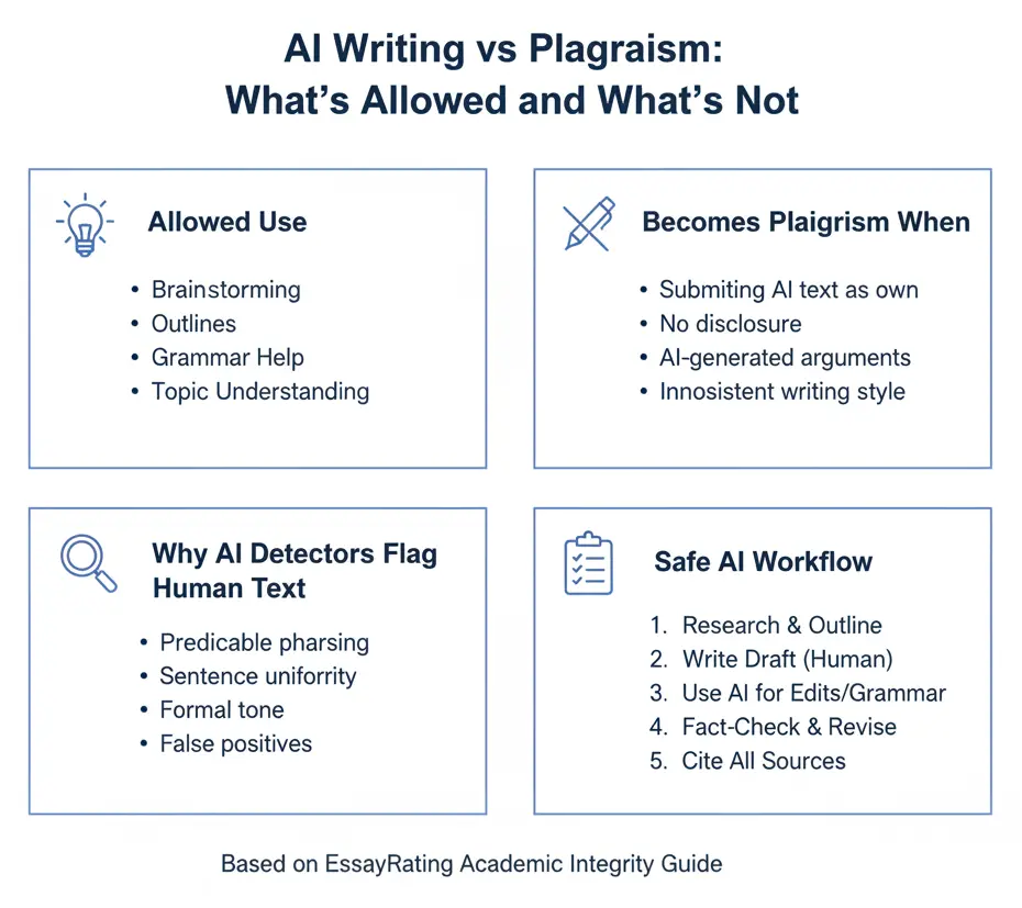 AI writing vs plagiarism infographic showing allowed use, academic risks, and safe AI workflow for students