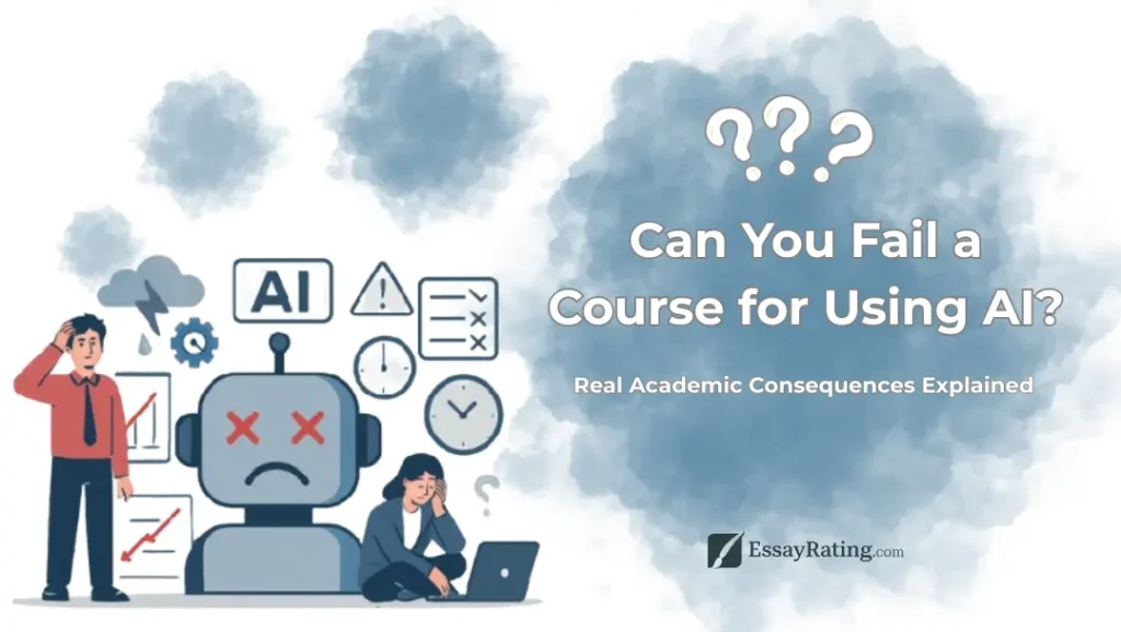 Can You Fail a Course for Using AI? - EssayRating Team Consequences Explained Illustration explaining whether students can fail a university course for using AI tools, showing real academic integrity outcomes instead of myths.