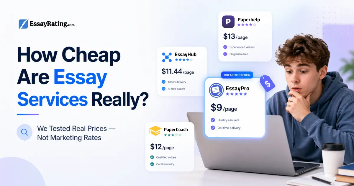 Cheapest essay writing services in 2026 — price comparison chart with EssayPro, SpeedyPaper, PaperHelp, EssayHub and PaperCoach