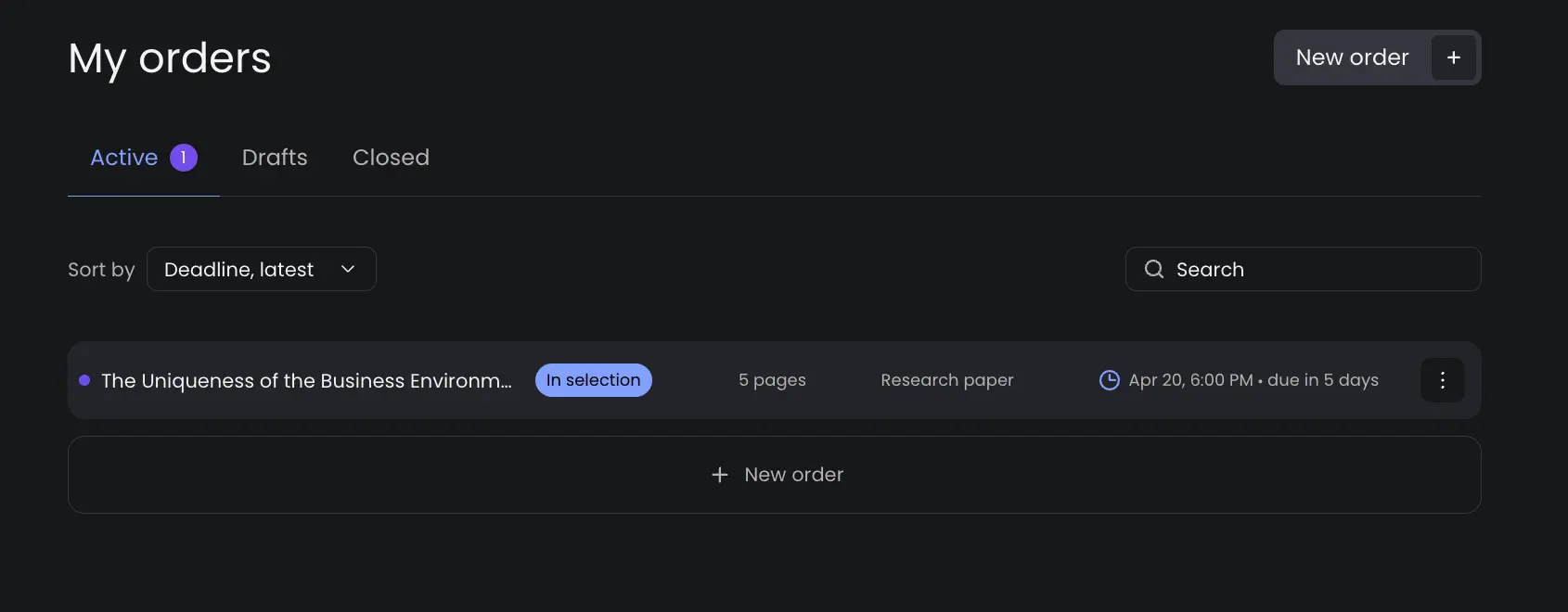 EssayPro My Orders dashboard active order in selection