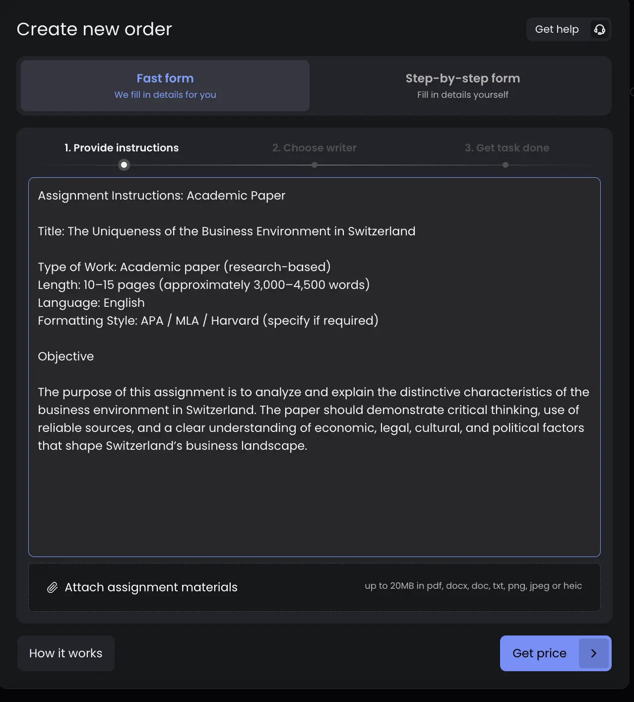 EssayPro order form with assignment details