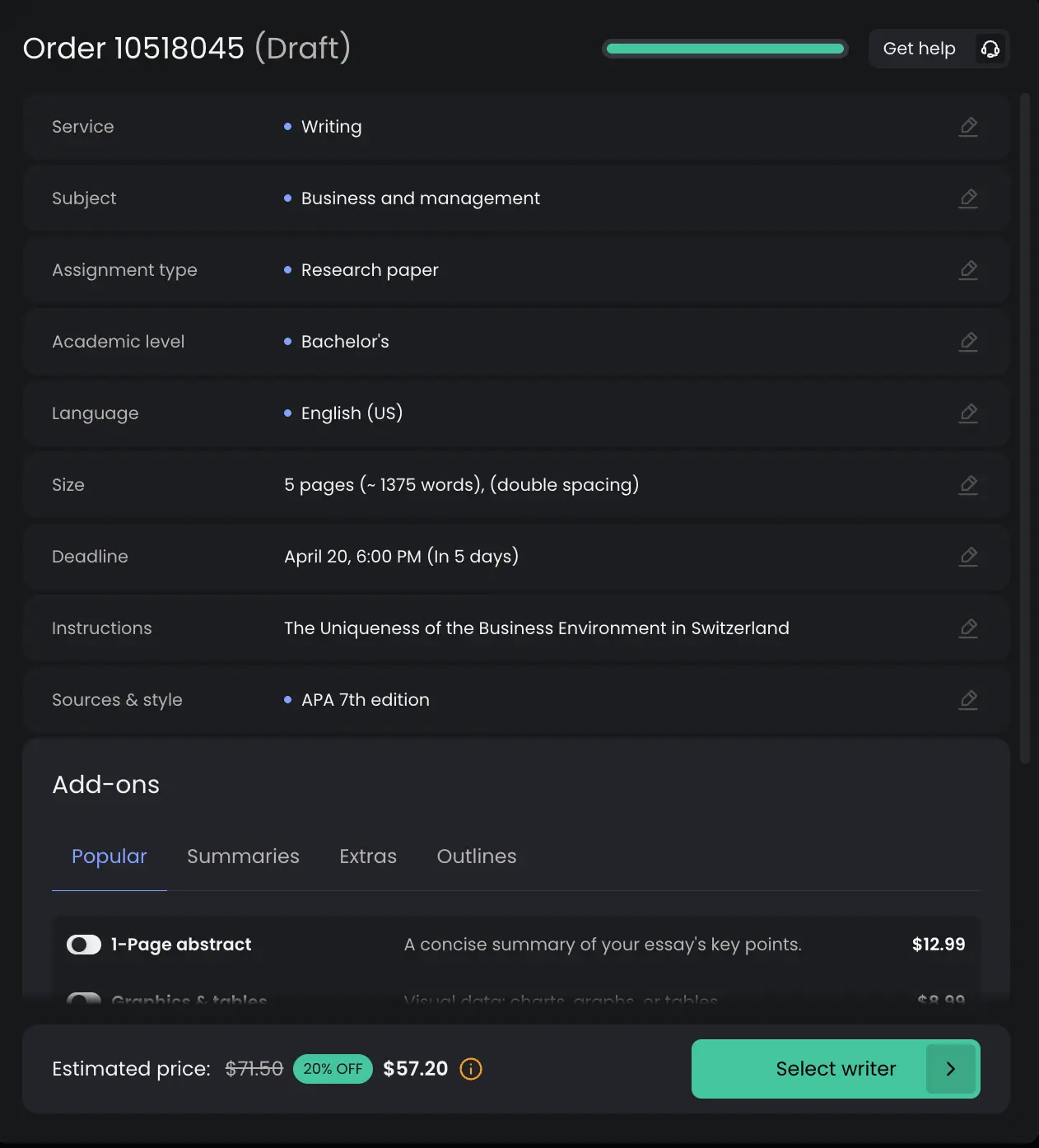 EssayPro order showing price $57.20 after 20% discount